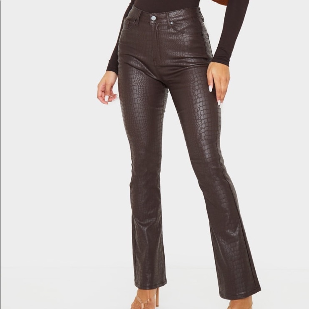 Chocolate brown croc coated denim flared jeans